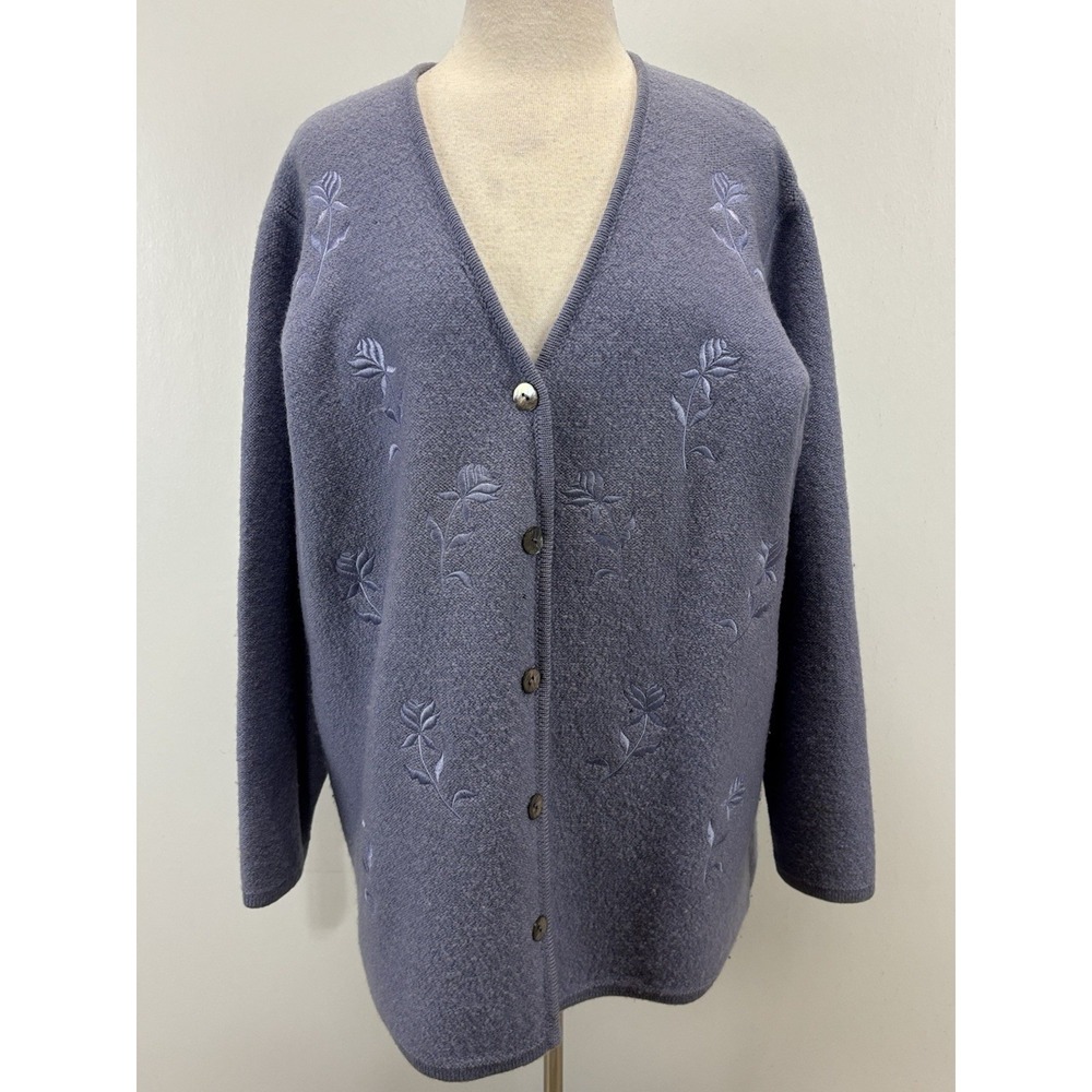 Vtg Herman Geist Embroidered Wool Cardigan Sweater Women's 1X Plus Lavender 90s